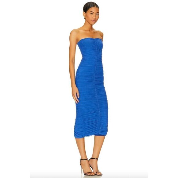 NOOKIE Zen Bodycon Ruched Midi Dress Periwinkle Blue Purple Womens Size Medium - Picture 2 of 8